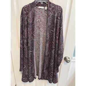 Susan Graver 1X Open Cardigan Wine Purple Pink Paisley Pockets Ruched Collar